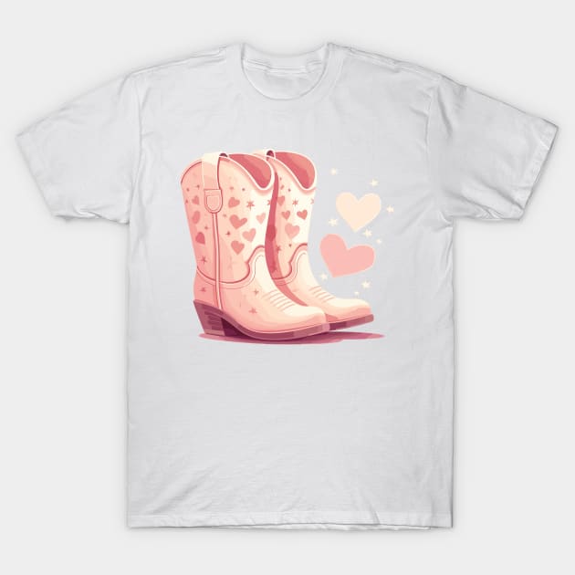 Blush Pink Cowgirl Boots With Hearts T-Shirt by Retroprints